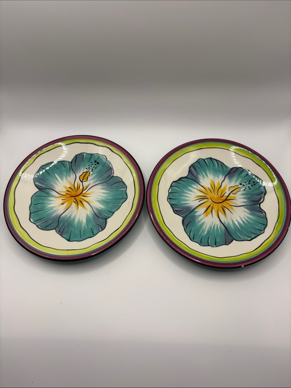 Hand-Painted Floral Ceramic Salad Plate Set - Turquoise & Yellow